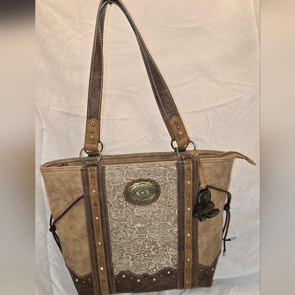 justin Handbags - Justin Boots Tan and Brown Tote with Lace Accent